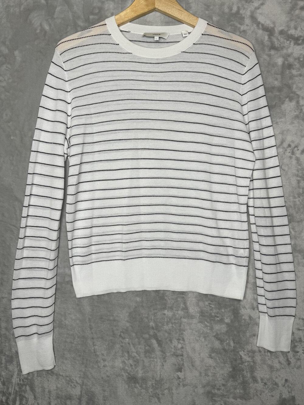 Vince Sweater Womens Large White Black Stripe Crew Neck Lightweight 100% Cotton